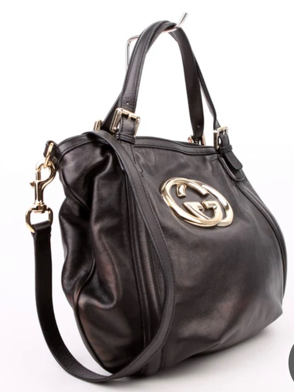 Gucci Britt Black Leather Crossbody Bag with Gold Double G Hardware.